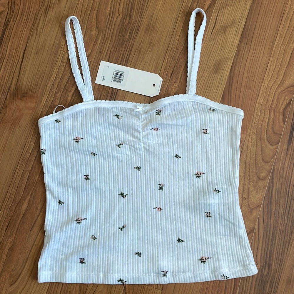 CROP TOP CAMI TANK TOP WHITE FLORAL-MEDIUM